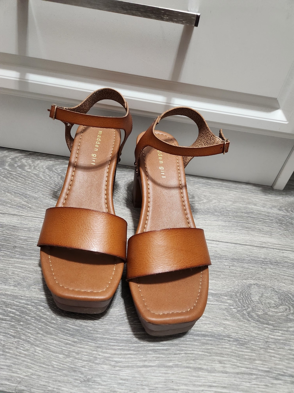 Madden Girl Tan Block Heel Ankle-Strap Sandals